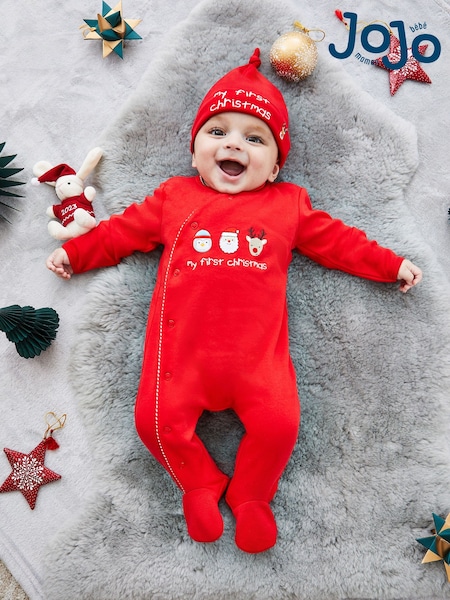 JoJo Maman Bébé Red My First Christmas Cotton Baby Sleepsuit (385084) | €39
