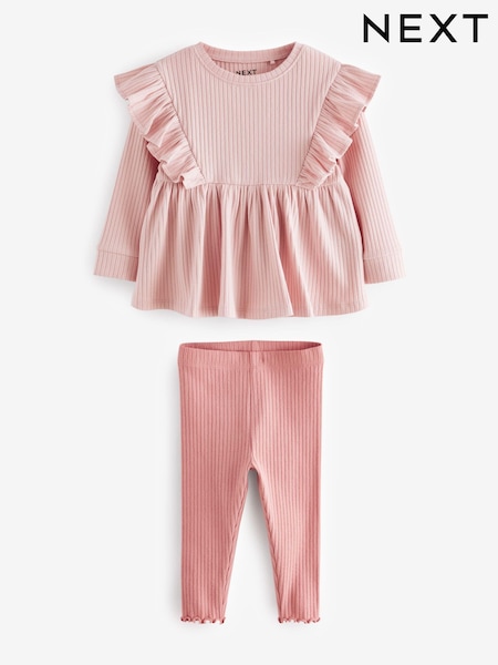 Pink Brushed Ribbed Long Sleeve T-Shirt and Leggings Set (3mths-7yrs) (386014) | R$ 120 - R$ 155