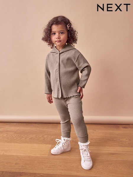 Tan Brown Rib Long Sleeve Button-up Top and Leggings Set (3mths-7yrs) (386082) | AED42 - AED56