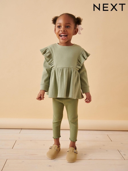 Green Brushed Ribbed Long Sleeve T-Shirt and Leggings Set (3mths-7yrs) (386250) | €11 - €16