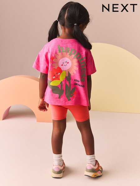 Bright Pink Flower 100% Cotton Short Sleeve Top and Cycle Shorts Set (3mths-7yrs) (386295) | €4 - €6