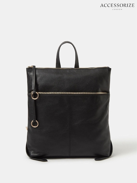 Black - Accessorize Double Zip Leather Backpack