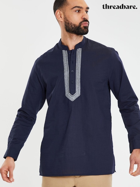 Threadbare Blue Long Sleeved 100% Cotton Kurta Tunic Shirt (386530) | €37