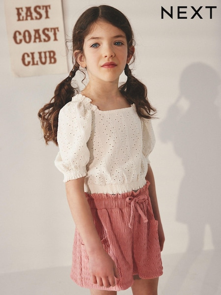 Sivkasto bela/roza - Broderie Top and Textured Shorts Set (3-16yrs) (388072) | € 15 - € 19
