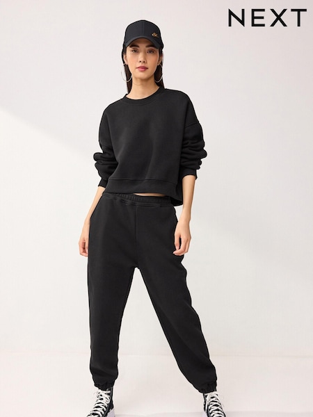 Black Heavyweight Brushed Fleece Lined High Waist Cuffed Joggers (388371) | €8
