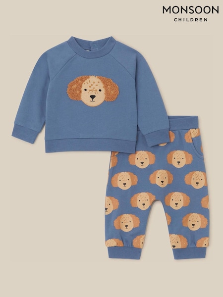 Blue - Monsoon Newborn Dog Cotton Sweatshirt & Joggers Set