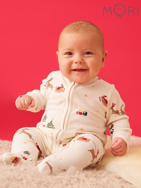 Cream - Mori Supersoft Christmas Sleigh Two Way Zip-up Sleepsuit