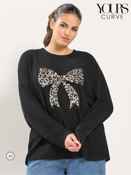 Black - Yours Curve Leopard Bow Sequin Sweatshirt