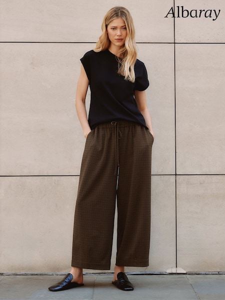 Brown - Albaray Gingham Drawstring Barrel Trousers