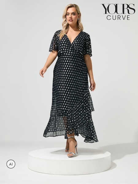Black Metallic - Yours Curve Angel Sleeve Ruffle Hem Maxi Dress