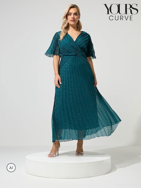 Teal Blue - Yours Curve Metallic Pleated Wrap Dress