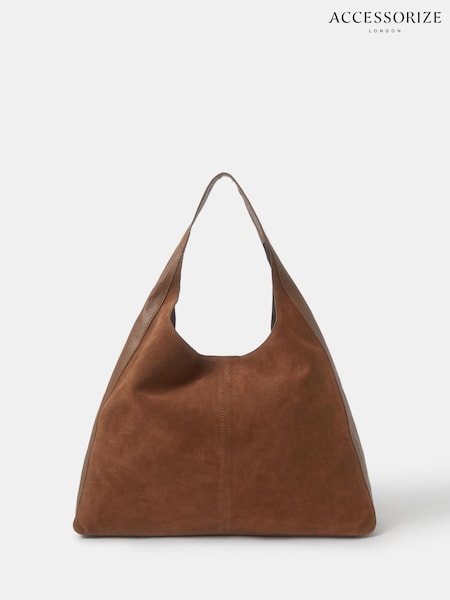 Brown - Accessorize Curved Suede Crossbody Bag