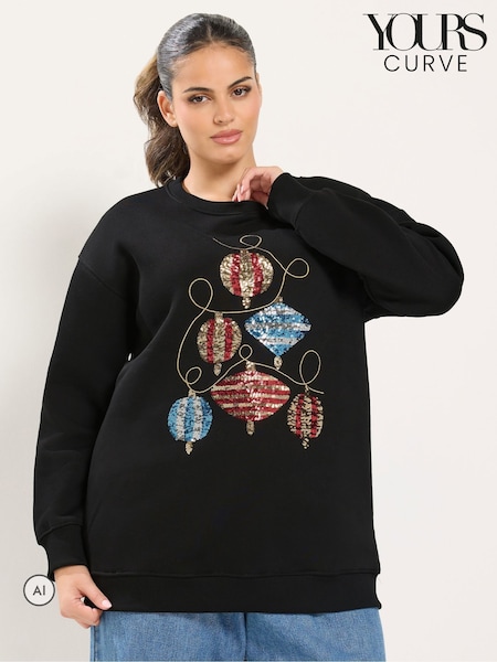 Black - Yours Curve Sequin Bauble Novelty Sweatshirt