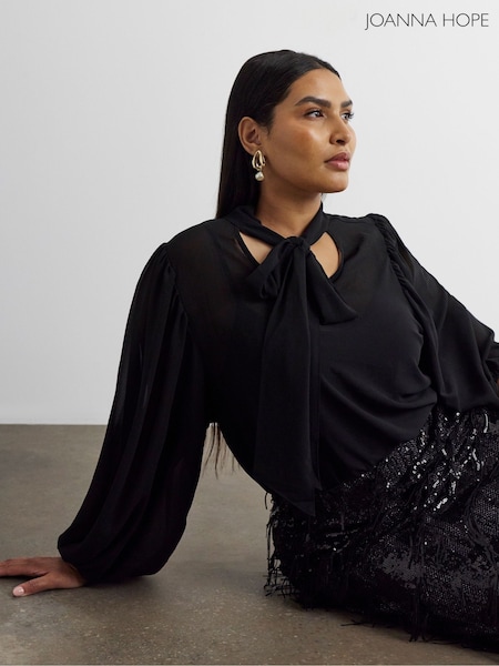 שחור - Joanna Hope Joanna Hope Chiffon Tie Neck Blouse