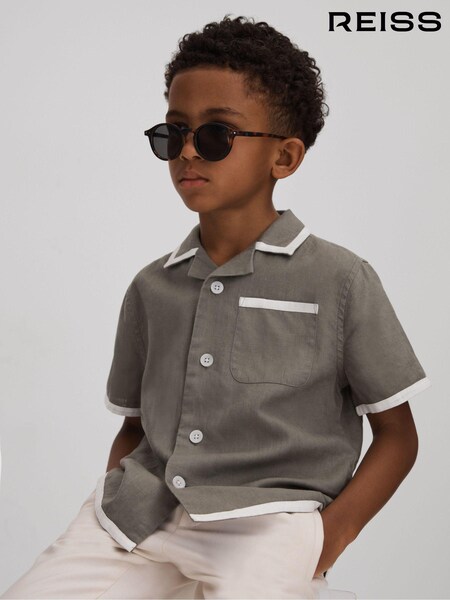 Reiss Khaki/White Vitan 9-13 yrs Linen Contrast Cuban Collar Shirt (391978) | AED302