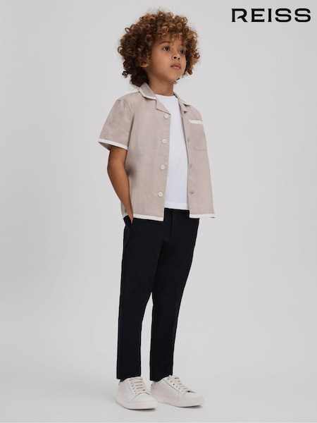 Reiss Stone/White Vitan 9-13 yrs Linen Contrast Cuban Collar Shirt (392032) | kr842