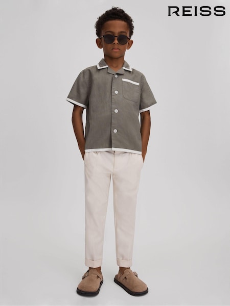 Reiss Khaki/White Vitan 3-9 yrs Linen Contrast Cuban Collar Shirt (392075) | AED274
