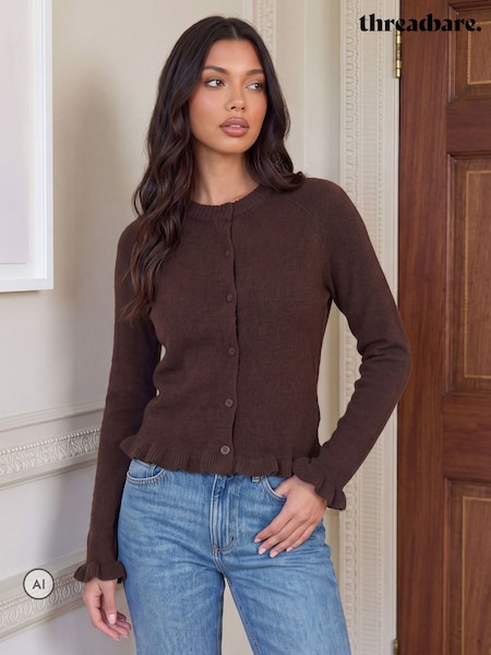 Chocolate Brown - Threadbare Crew Neck Ruffle Cardigan