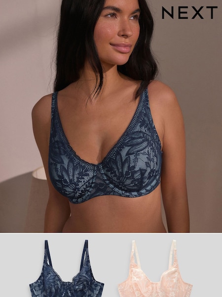Navy Blue/Cream DD+ Non Pad Full Cup Lace Detail Bras 2 Pack (392292) | €14.50