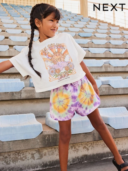 Ecru White Sequin Celestial Graphic 100% Cotton T-Shirt and Tie Dye Shorts Set (3-16yrs) (392304) | €11 - €16