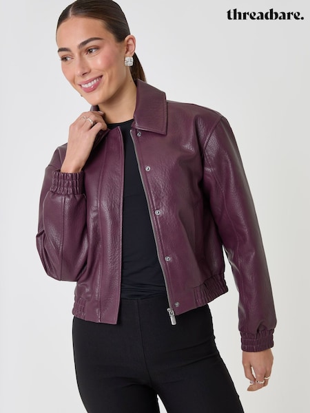 Κόκκινο - Threadbare Faux Leather Collared Bomber Jacket