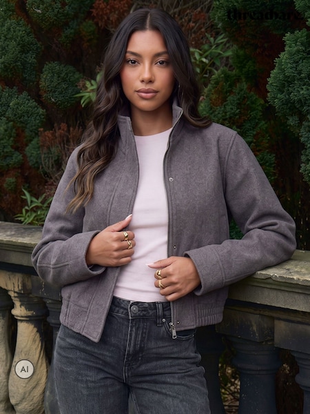 Gris - Chaqueta bomber de Cuello alzado de imitación de lana Threadbare
