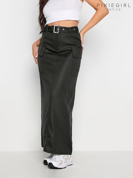 PixieGirl Petite Black Belted Utility Maxi Skirt (393261) | ₪171