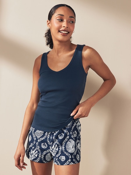 Navy Shells Rib Vest Short 100% Cotton Pyjamas Set (394640) | €9