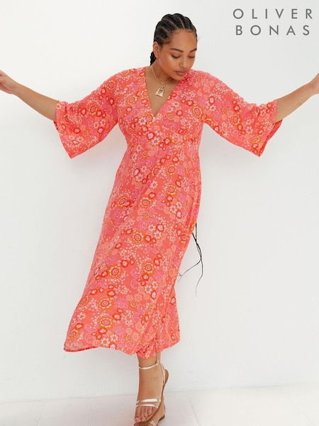 Oliver Bonas Pink Petal and Paisley Print Midi Dress (395776) | €51