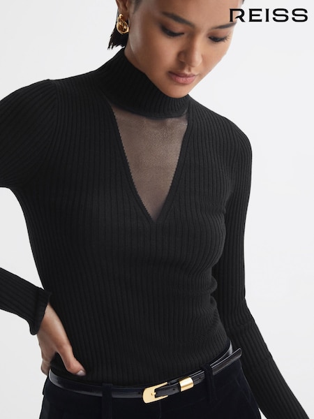 Reiss Black Rita Fitted Wool Blend Mesh Top (397038) | €210