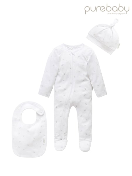 Purebaby Grey Baby 100% Cotton Hat Bib & Sleepsuit Set 3 Piece (397567) | €33