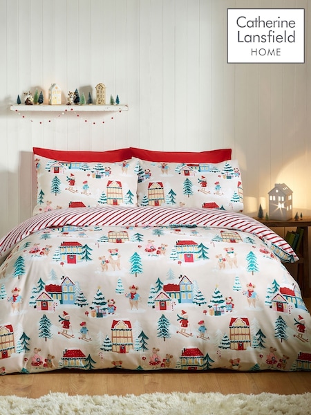 Catherine Lansfield Christmas Mouse Town Reversible Duvet Cover And Pillowcase Set