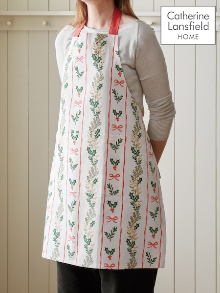 Catherine Lansfield Christmas Holly Stripe Cotton Kitchen Adult Apron