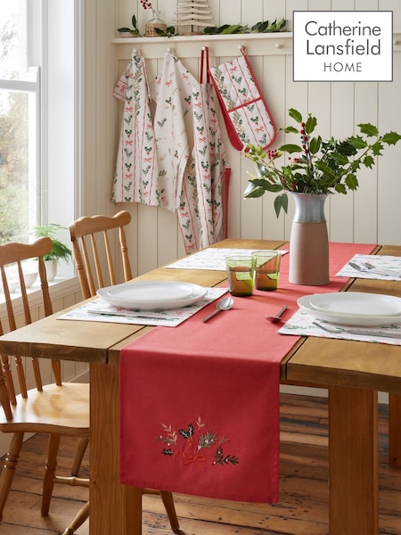 Catherine Lansfield Christmas Holly Stripe Cotton Table Runner
