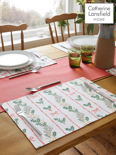 Catherine Lansfield 4 Pack Christmas Holly Stripe Cotton Placemats