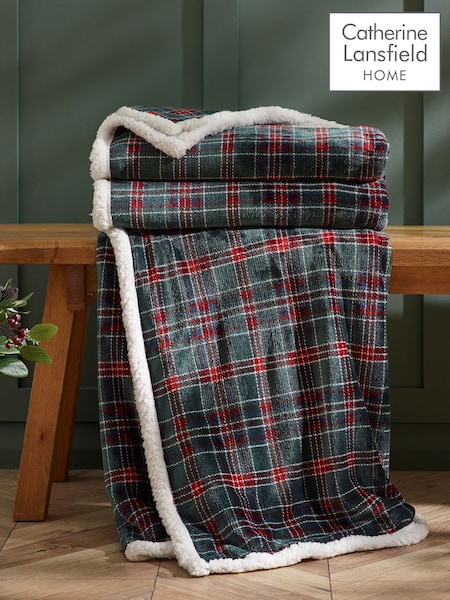 Catherine Lansfield Tartan Sherpa Check Cosy Fleece Blanket Throw