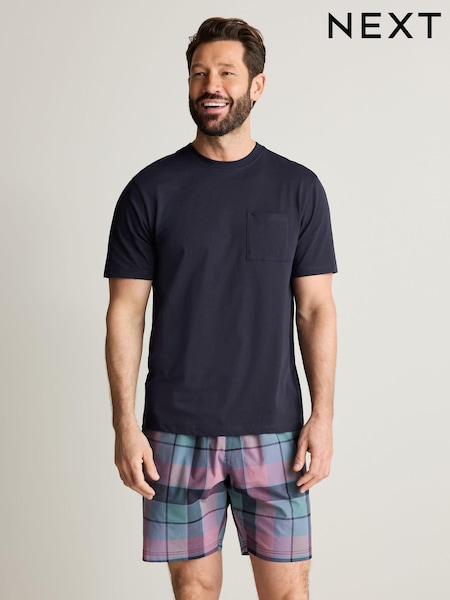 Navy Blue/Pink Check 100% Cotton Lightweight Short Pyjamas Set (398137) | AED73