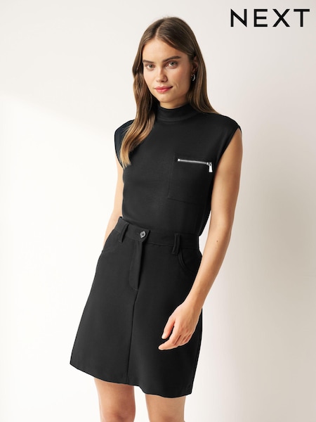 Black Slinky Soft Touch Utility Sleeveless High Neck Zip Pocket Top (398271) | €7