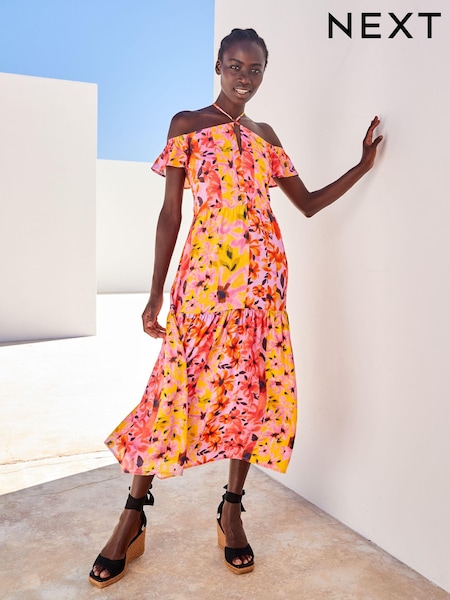 Rosa geblümt - Off Shoulder Halter Summer Dress (3CZ964) | 11 €