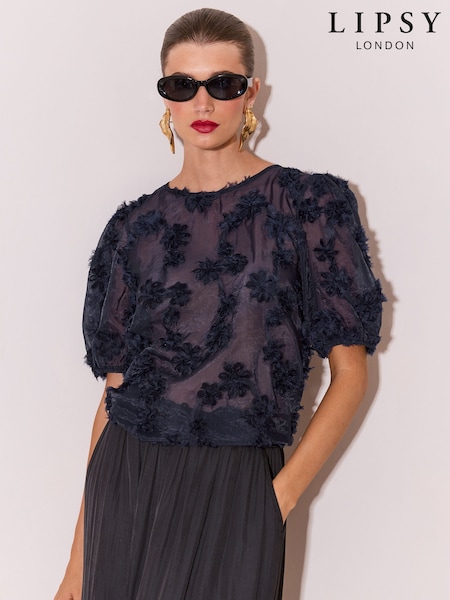 Navy Blue - Lipsy 3d Floral Textured T-shirt