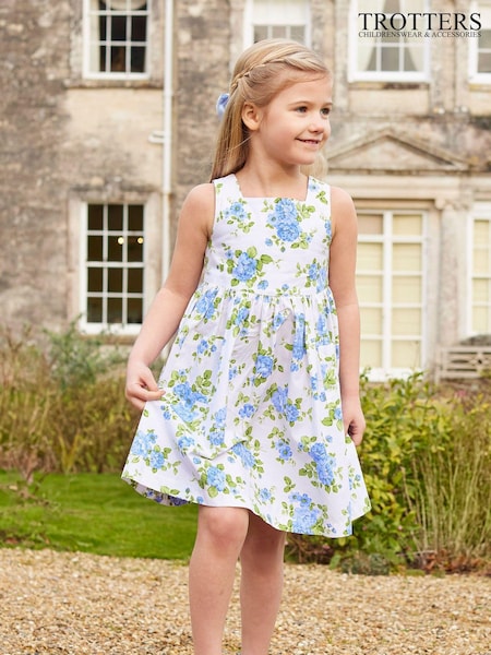 Trotters London Blue 100% Cotton Cornflower Adelina Vintage Rose Cross Back Dress (400898) | €30
