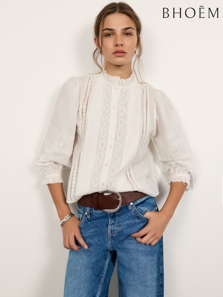 白色 - Long Sleeve 100% Cotton Lace Insert Blouse