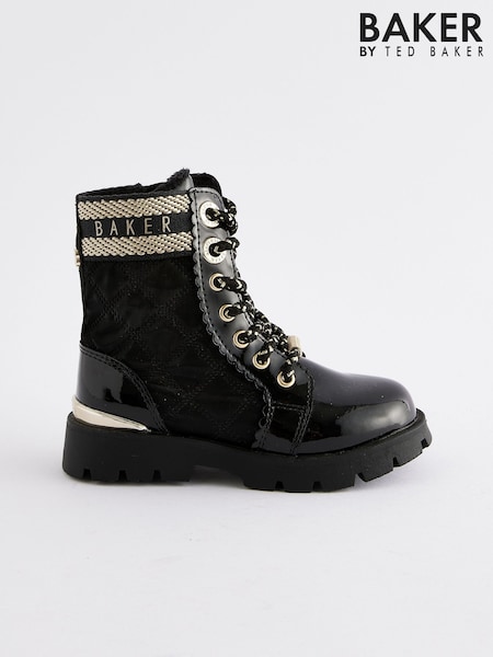Baker by Ted Baker Girls Quilted Lace Up Black Boots with Gold Trims (401749) | AED167