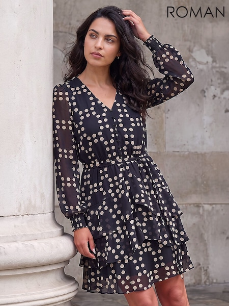 Black - Roman Spot Tie Waist Dress