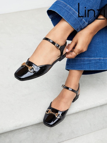 Linzi Black Saffron Open Back Square Toe Loafers With Ankle Strap (402953) | €27
