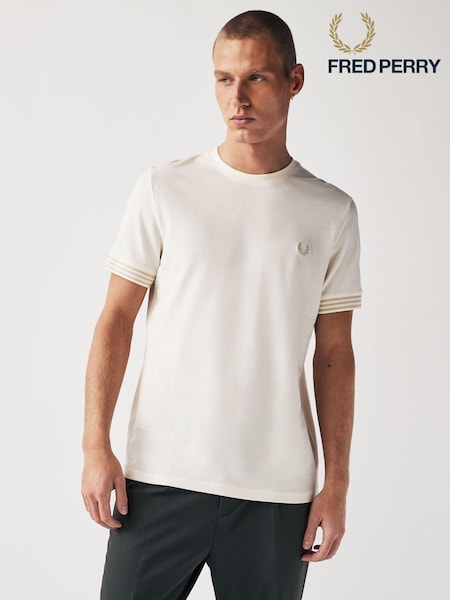 Ecru, Weiß - Fred Perry 100% Cotton Striped Cuff Black T-Shirt (403199) | 27 €