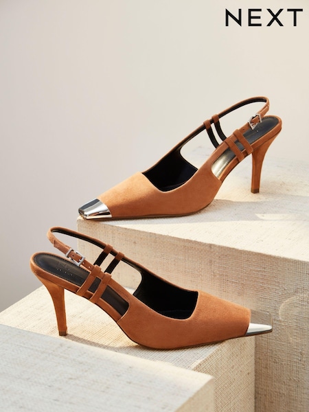 Tan Premium Leather Metal Chisel Toe Slingback Heel Shoes (403949) | €14