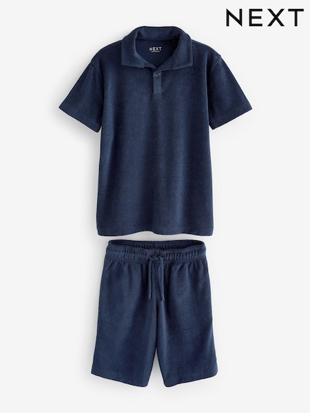 Navy Blue Towelling Short Sleeve Shirt and Shorts Set (3-16yrs) (404600) | €8 - €12.50