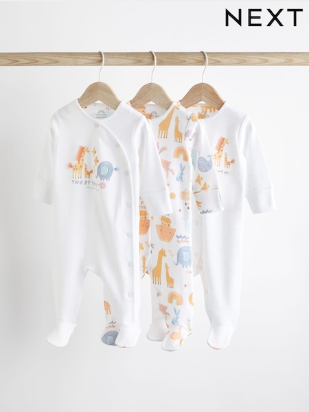Weiß/Tiermotive - Baby Delicate Appliqué 100% Cotton Sleepsuits 3 Pack (0-2yrs) (404839) | 11 € - 12 €