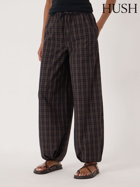 Brown - Hush Bernie Check Wide Leg Cotton Blend Trousers